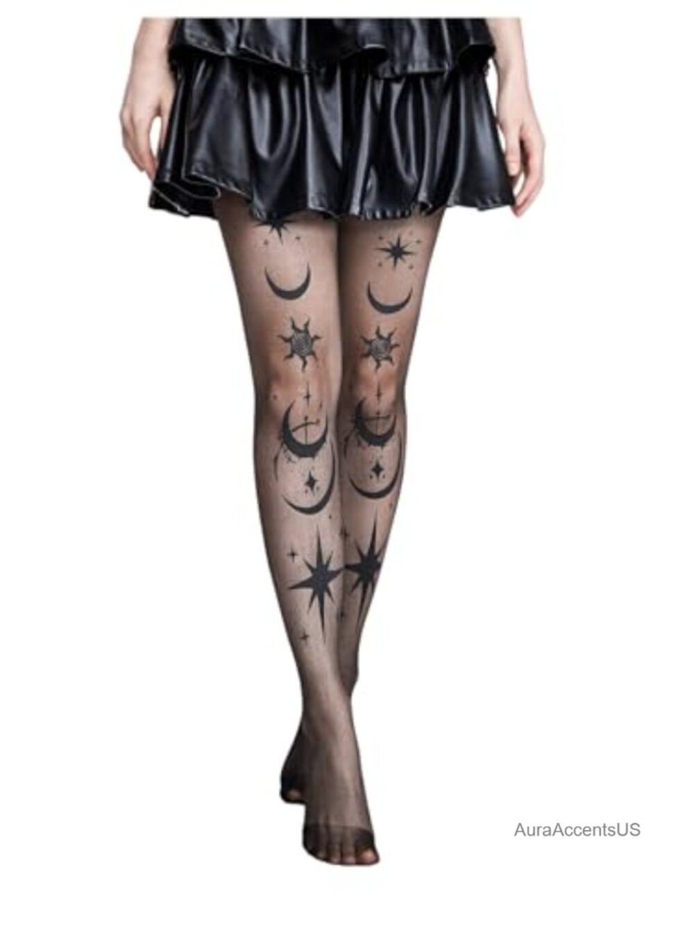 Fairycore Sheer Patterned Tights Pantyhose for Women Gothic Moon Star Print